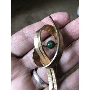 Vtg Winard Green Moss Agate Stone Ribbon 12k Gold filled  Brooch Pin